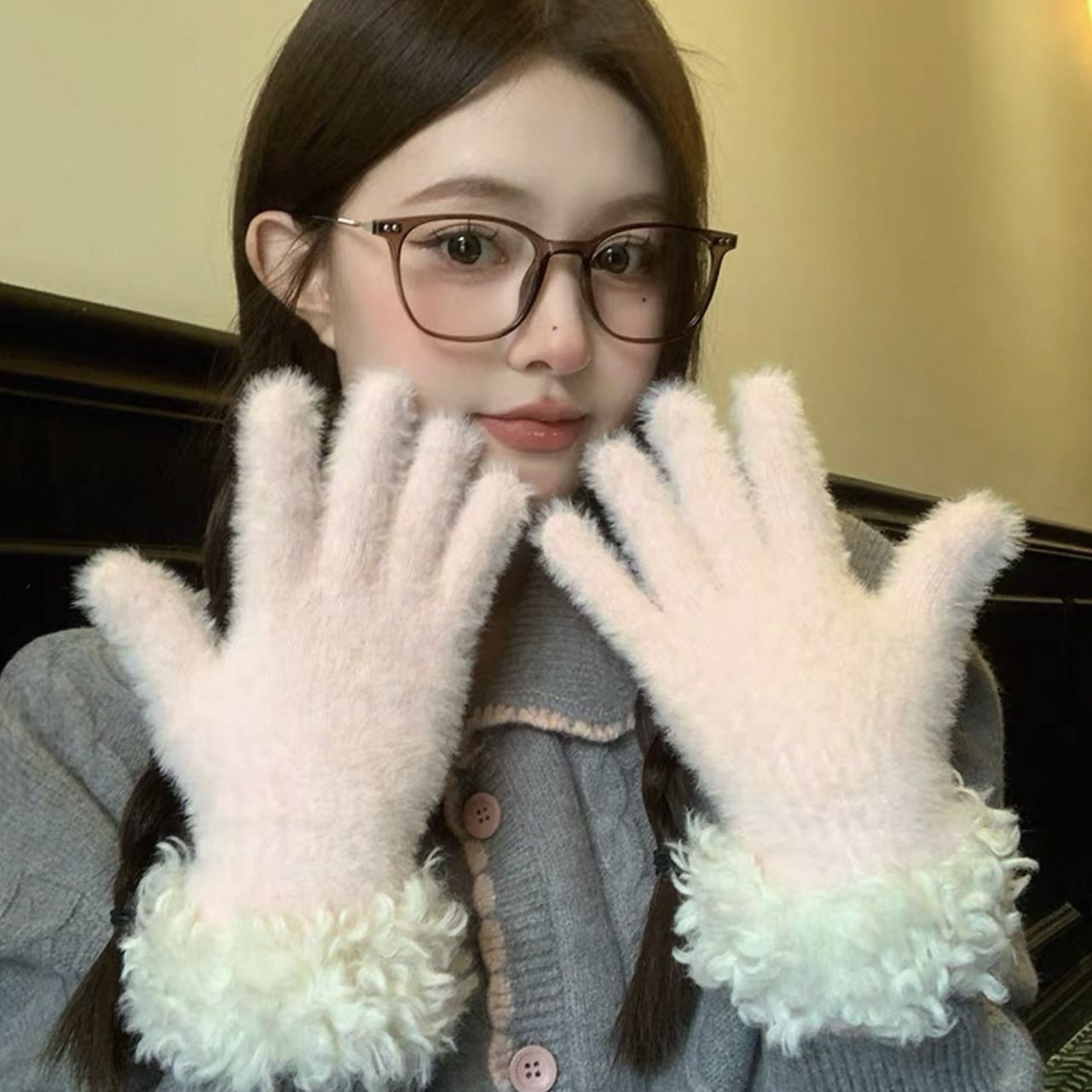 Rose Red Faux Mink Spliced Gloves