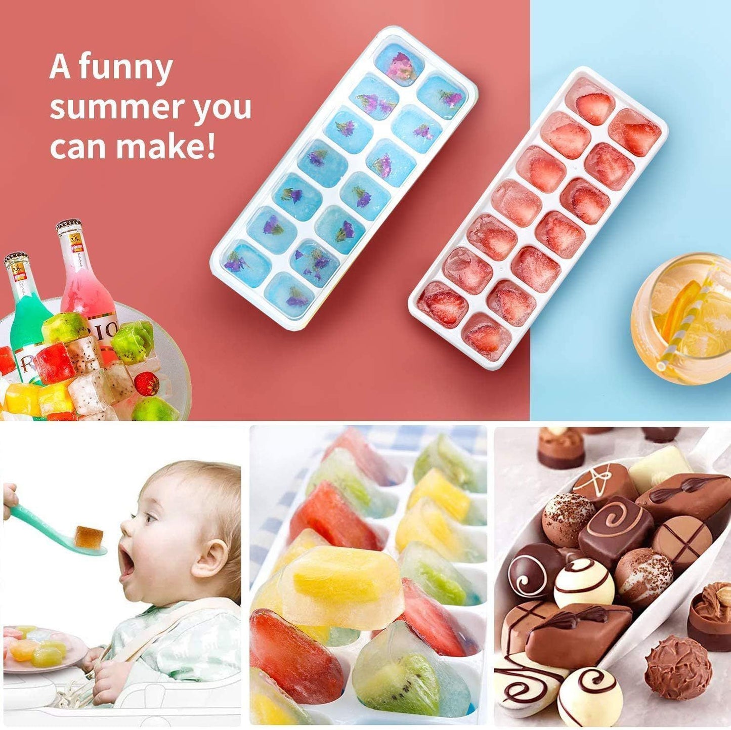 6Pcs 14-Grid Square Silicone Ice Cube Trays, Soft Bottom Ice Molds