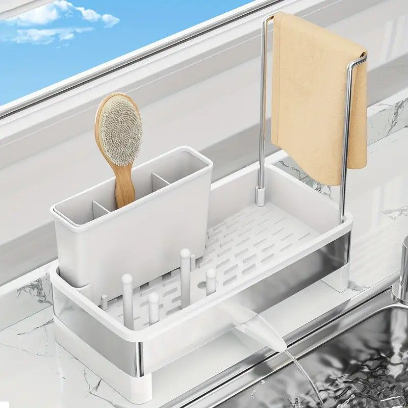 No Drill 360° Rotating Drain Sponge Holder with Tray Kitchen Sink Organizer(GREY)