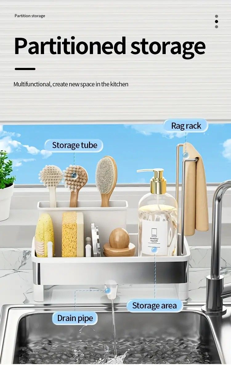 No Drill 360° Rotating Drain Sponge Holder with Tray Kitchen Sink Organizer(GREY)