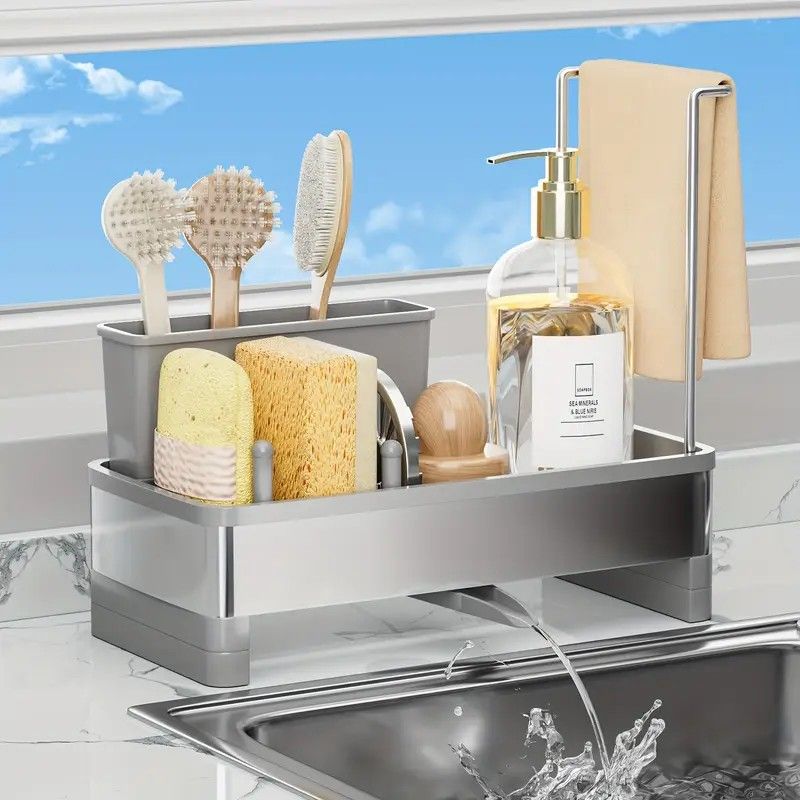 No Drill 360° Rotating Drain Sponge Holder with Tray Kitchen Sink Organizer AU(BLACK)