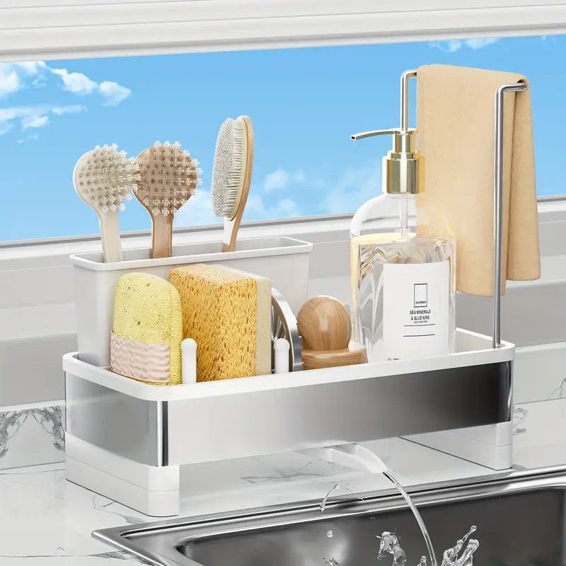No Drill 360° Rotating Drain Sponge Holder with Tray Kitchen Sink Organizer AU(BLACK)