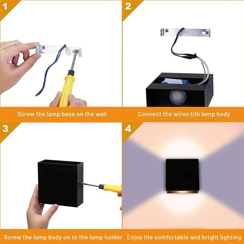 Modern LED Wall Light, 7W, Black Square, Warm Light Living Room Suitable for the Bedroom or Garden with a Colonnade