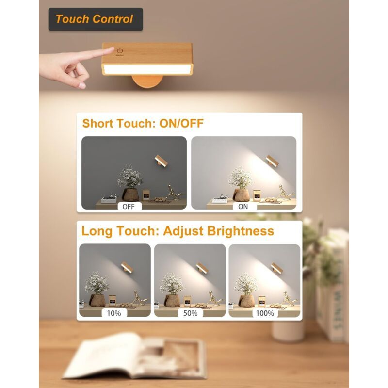 Applique Wall of Indoor in Wood, Lamp Wall of Chevet Lamp Wall Wireless a Chargement USB, 15x3x4.3cm, 3cm