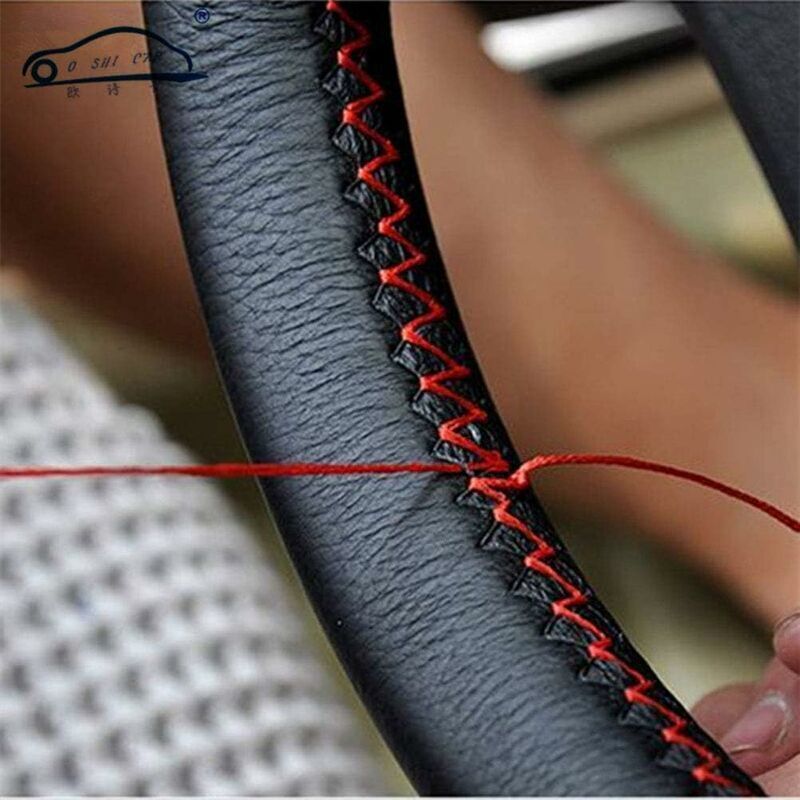 Steering Wheel Cover in Soft Leather on the Volant of the Car with Needle and Wire Interior Accessories Red
