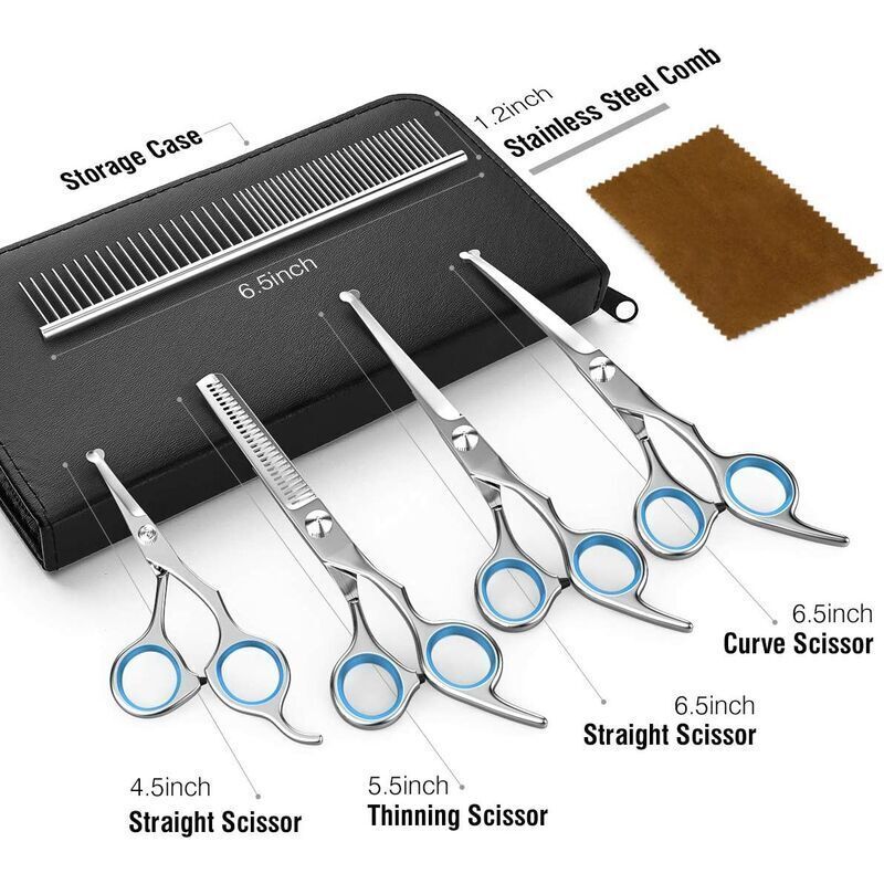 Dog Grooming Scissors Blue, 5, Coated Stainless Steel Piece Pet Grooming Tool Set in Titanium