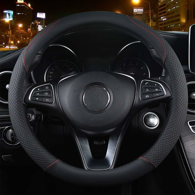 Car Steering Wheel Cover Red Black and, Anti-Slip Elastic, Breathable Carbon Fiber Steering Wheel Cover, 3739CM