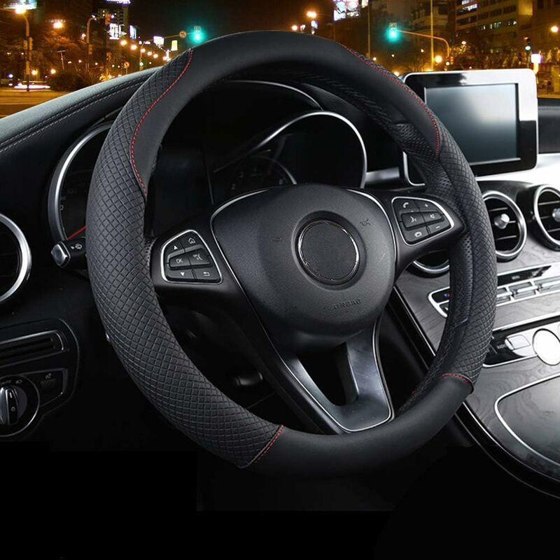 Car Steering Wheel Cover Red Black and, Anti-Slip Elastic, Breathable Carbon Fiber Steering Wheel Cover, 3739CM