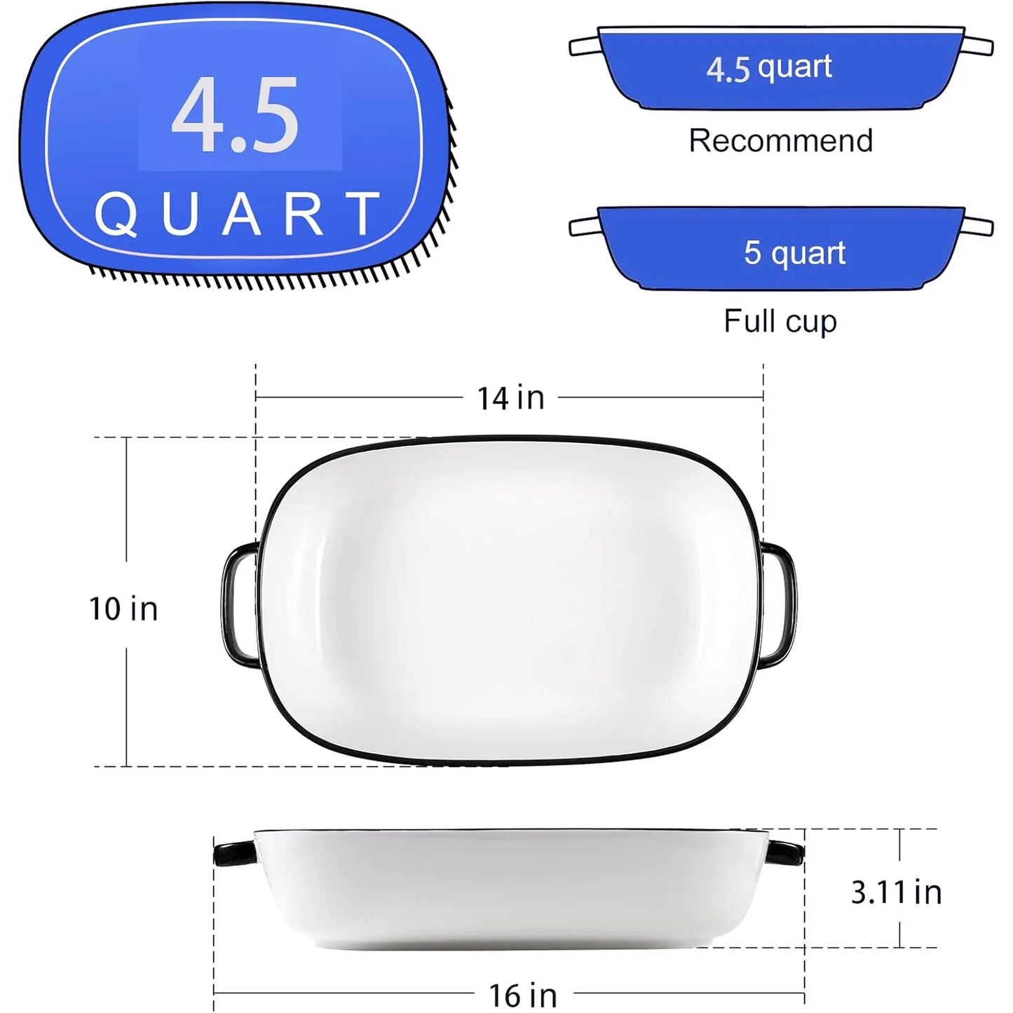 White Ceramic Rectangular Baking Dish, Oven Microwave Refrigerator Disinfection Cabinet and Dishwasher Safe Casserole Pan, 6 Quart, 16 x 11 in