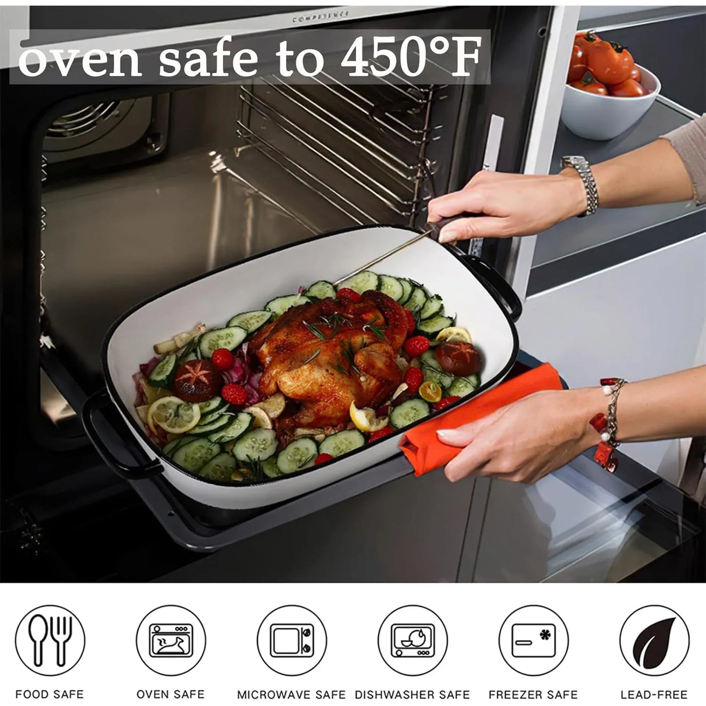 White Ceramic Rectangular Baking Dish, Oven Microwave Refrigerator Disinfection Cabinet and Dishwasher Safe Casserole Pan, 6 Quart, 16 x 11 in