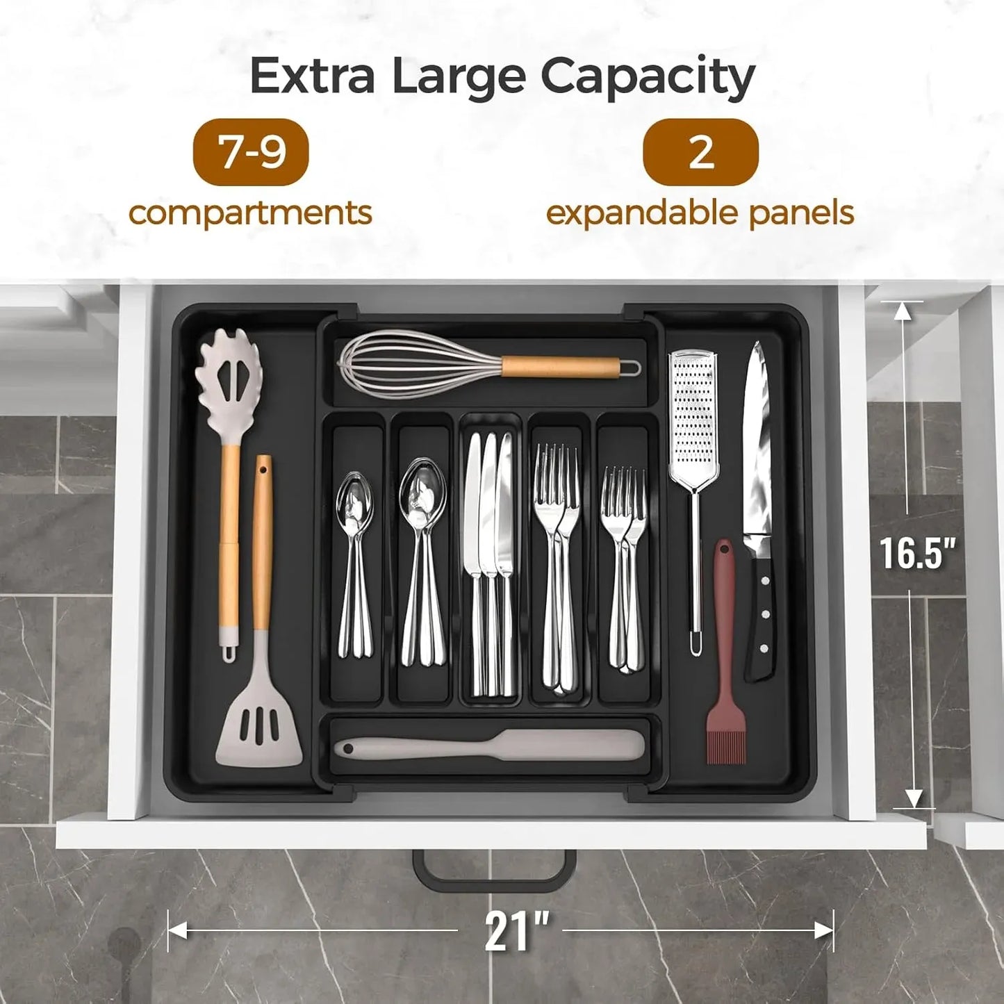 Black Extra Large Expandable Silverware Organizer, BPA Free Food Safe Cutlery and Kitchen Utensil Drawer Tray