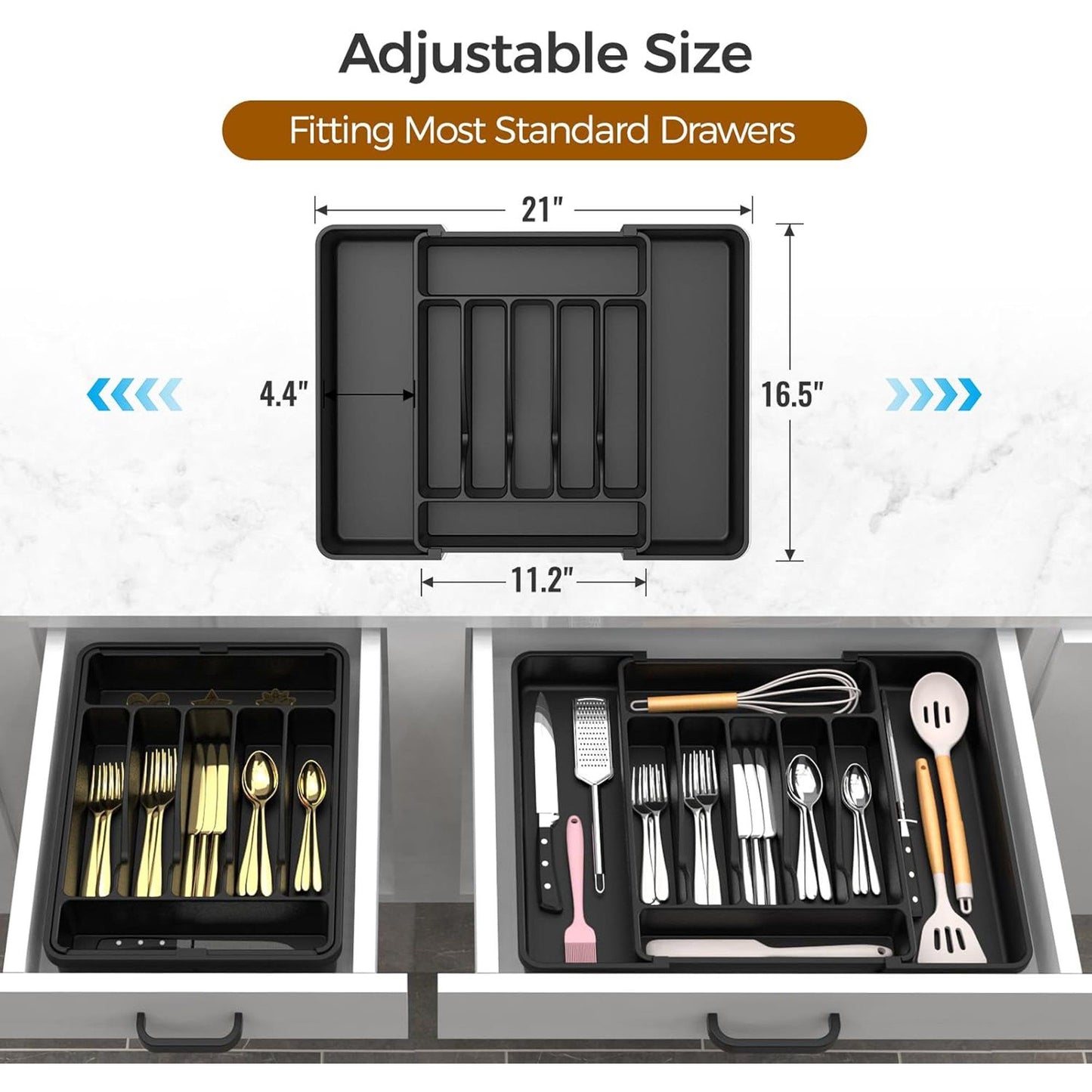 Black Extra Large Expandable Silverware Organizer, BPA Free Food Safe Cutlery and Kitchen Utensil Drawer Tray