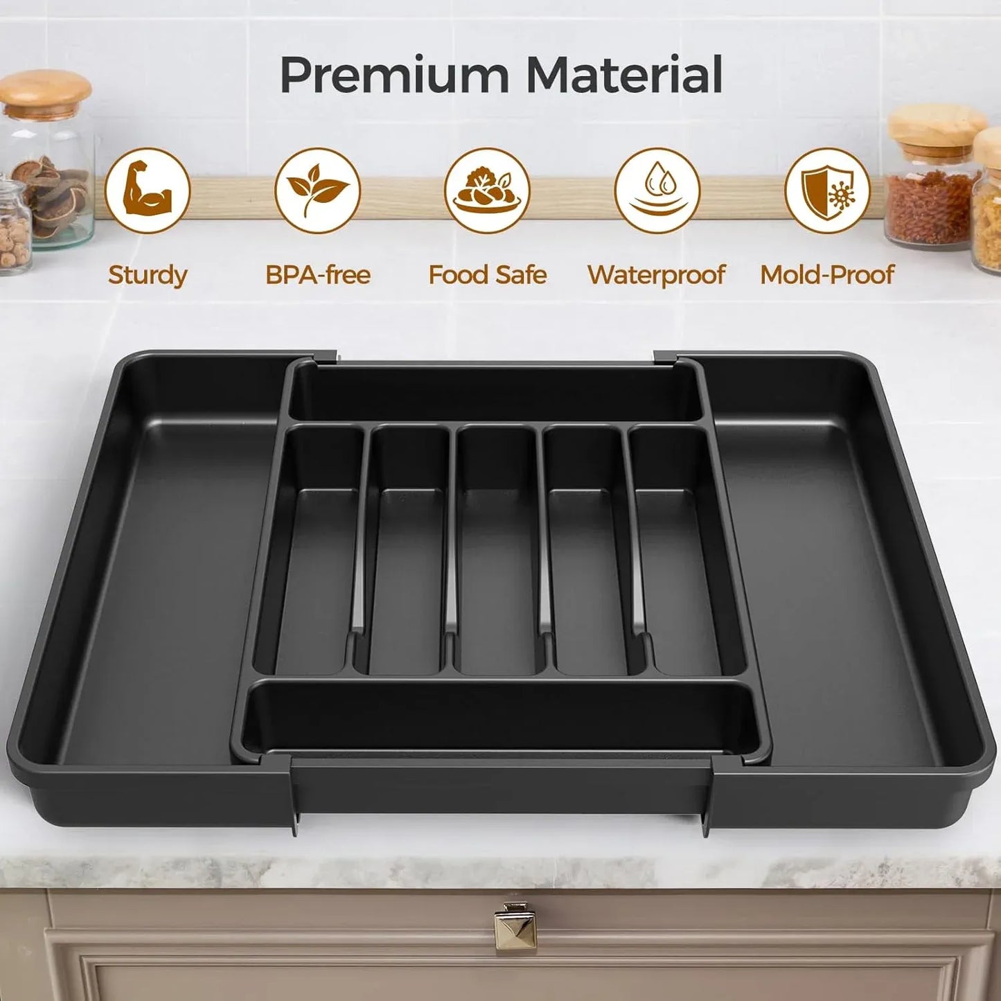 Black Extra Large Expandable Silverware Organizer, BPA Free Food Safe Cutlery and Kitchen Utensil Drawer Tray