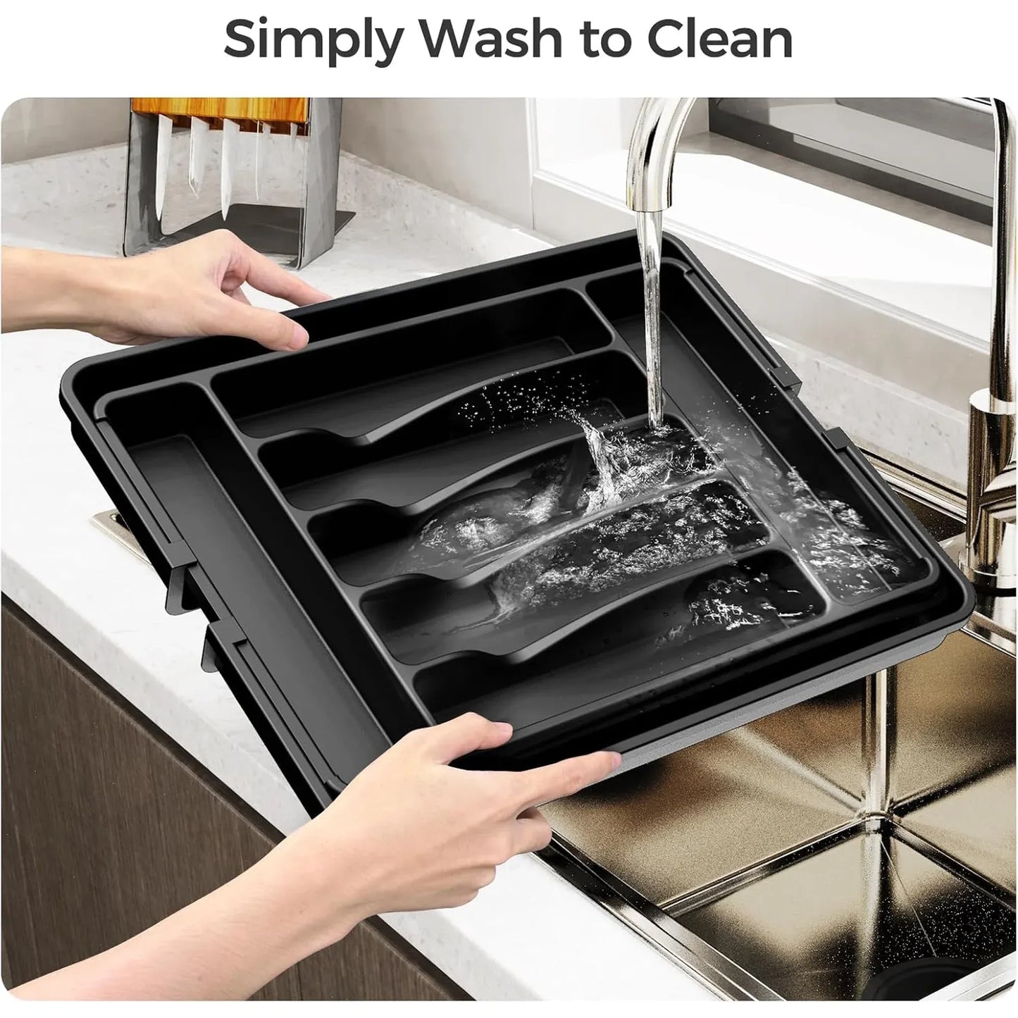 Black Extra Large Expandable Silverware Organizer, BPA Free Food Safe Cutlery and Kitchen Utensil Drawer Tray