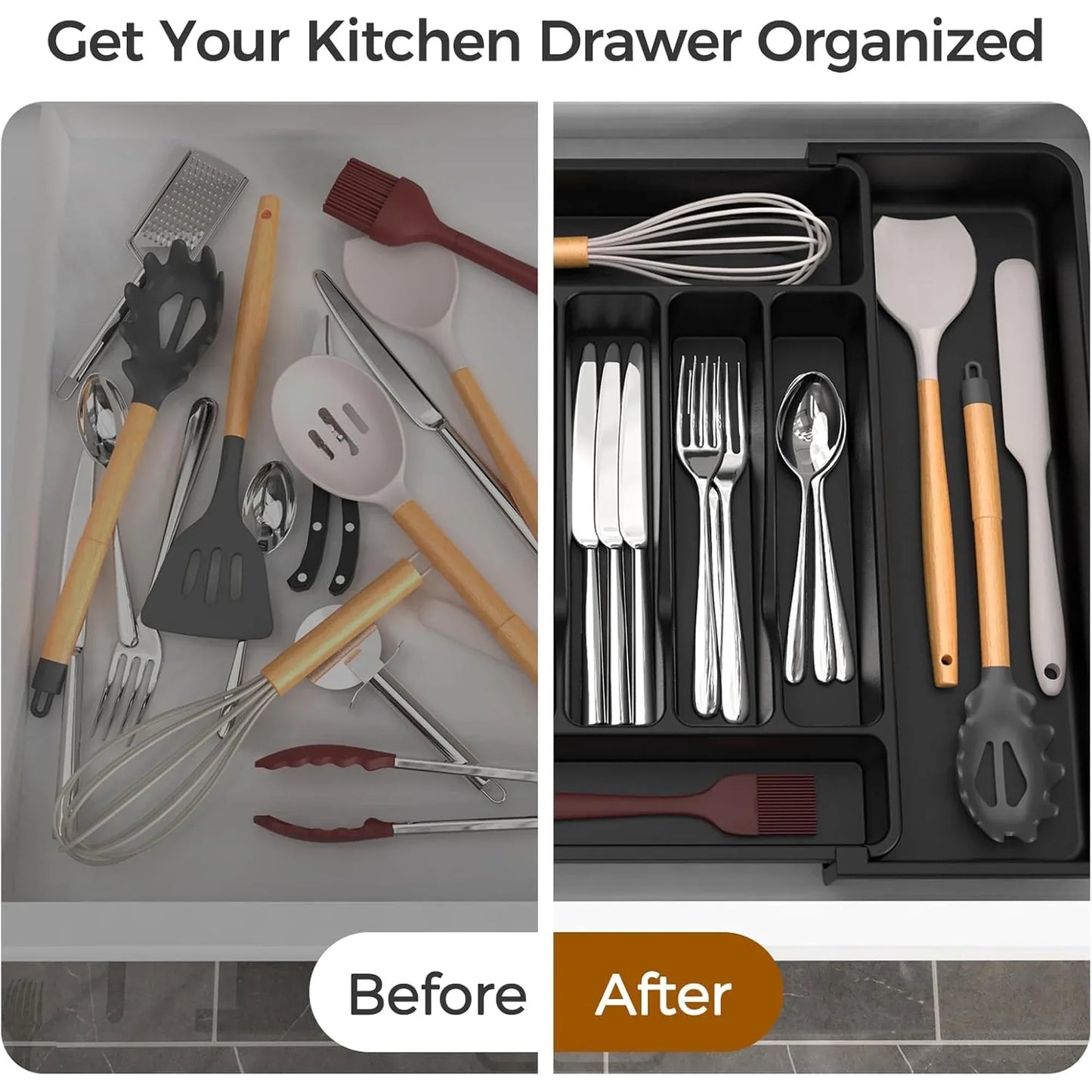 Black Extra Large Expandable Silverware Organizer, BPA Free Food Safe Cutlery and Kitchen Utensil Drawer Tray