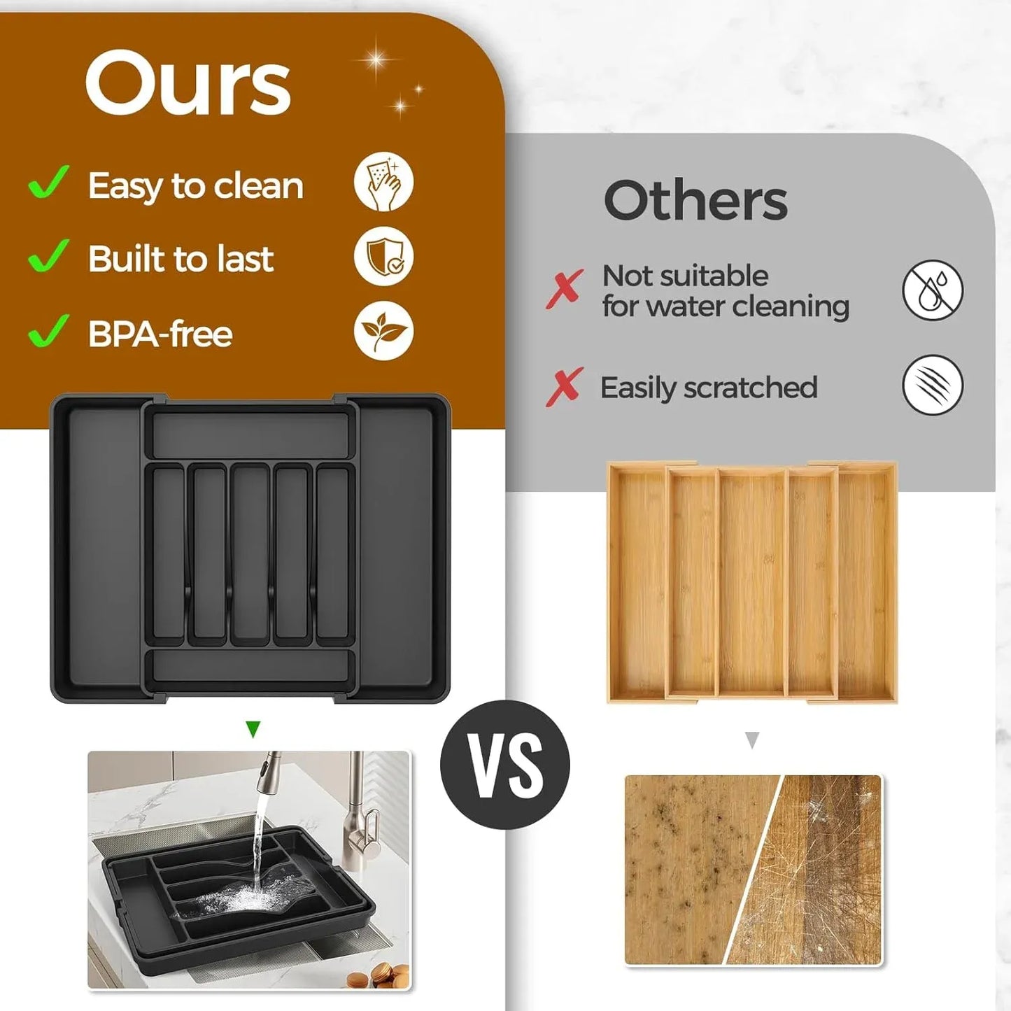 Black Extra Large Expandable Silverware Organizer, BPA Free Food Safe Cutlery and Kitchen Utensil Drawer Tray