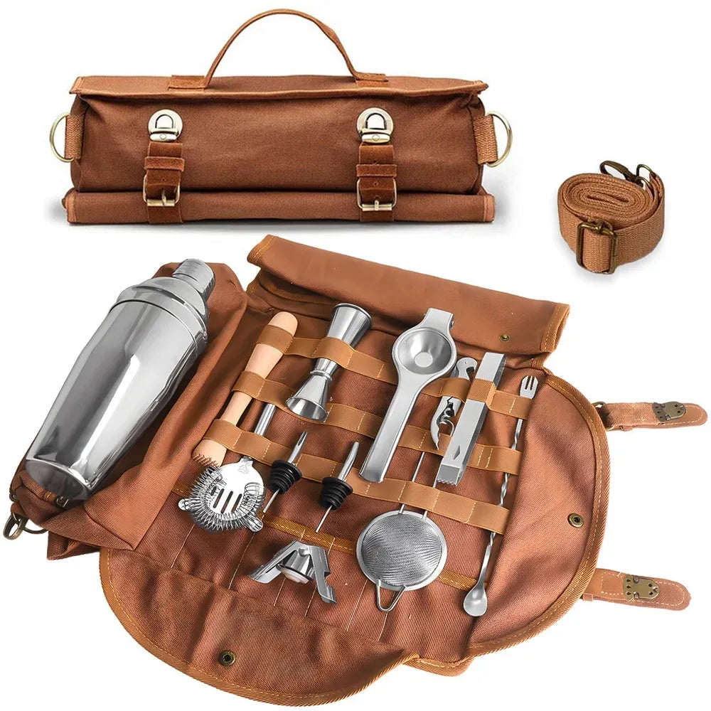 Travel Bartender Canvas Tool Bag, Professional Bar Tool Organizer for Home Cocktail Making and Camping, Without Tools