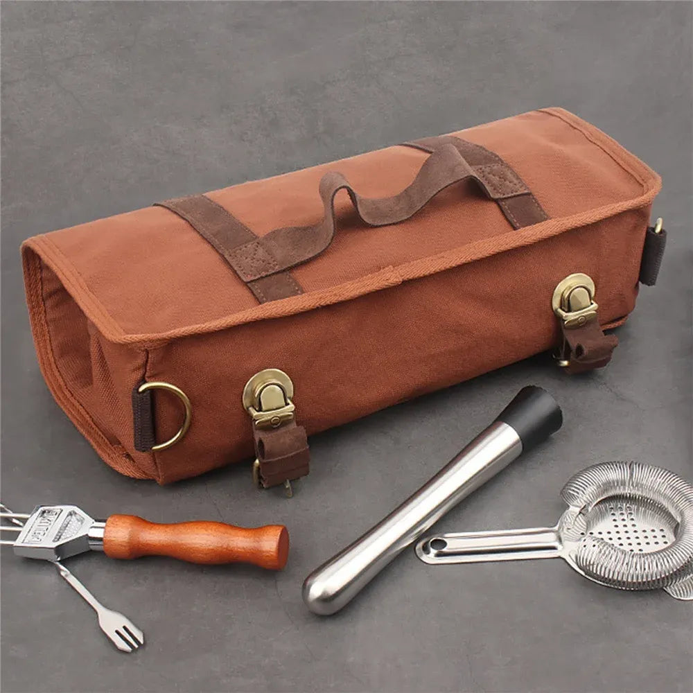 Travel Bartender Canvas Tool Bag, Professional Bar Tool Organizer for Home Cocktail Making and Camping, Without Tools
