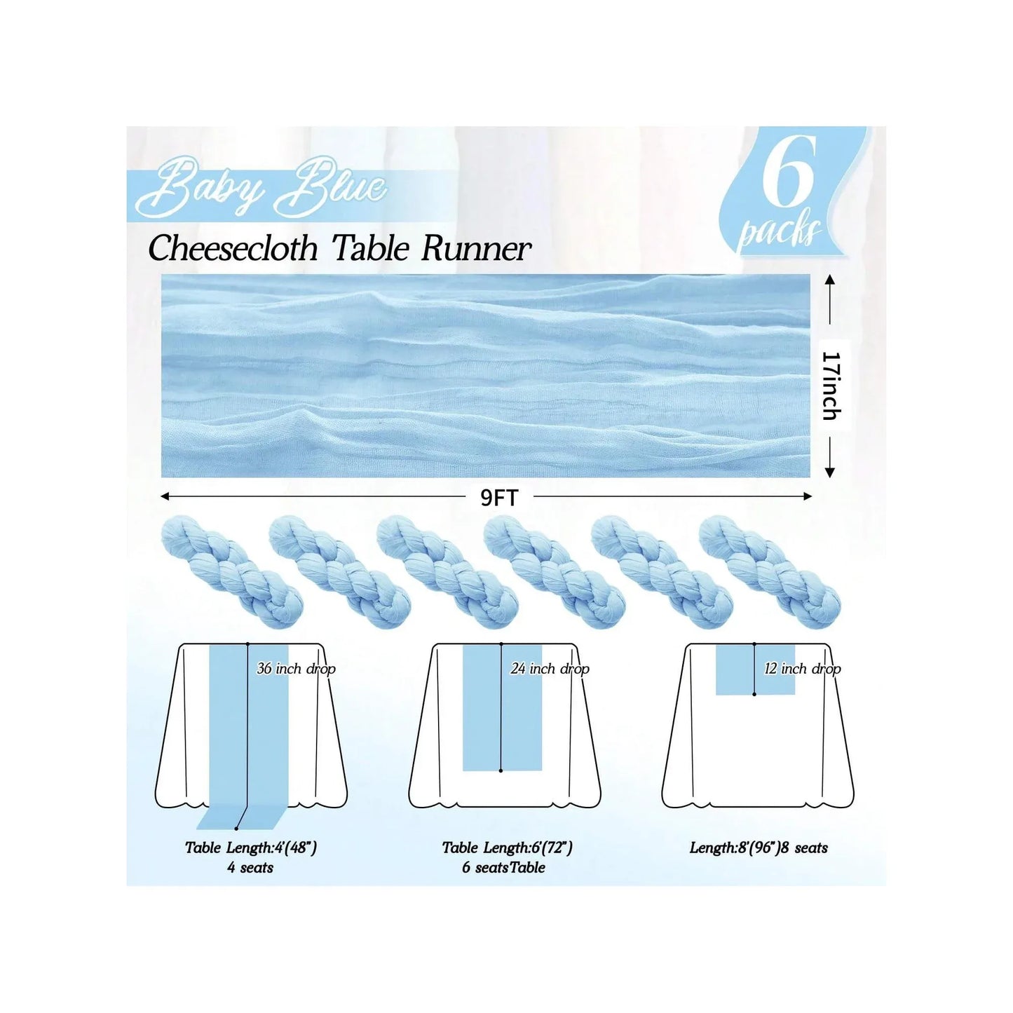 6 or 12 Pack Light Blue Cheesecloth Table Runners, Boho Gauze Runner for Spring Easter Decor, 17 x 108 in, 9 ft