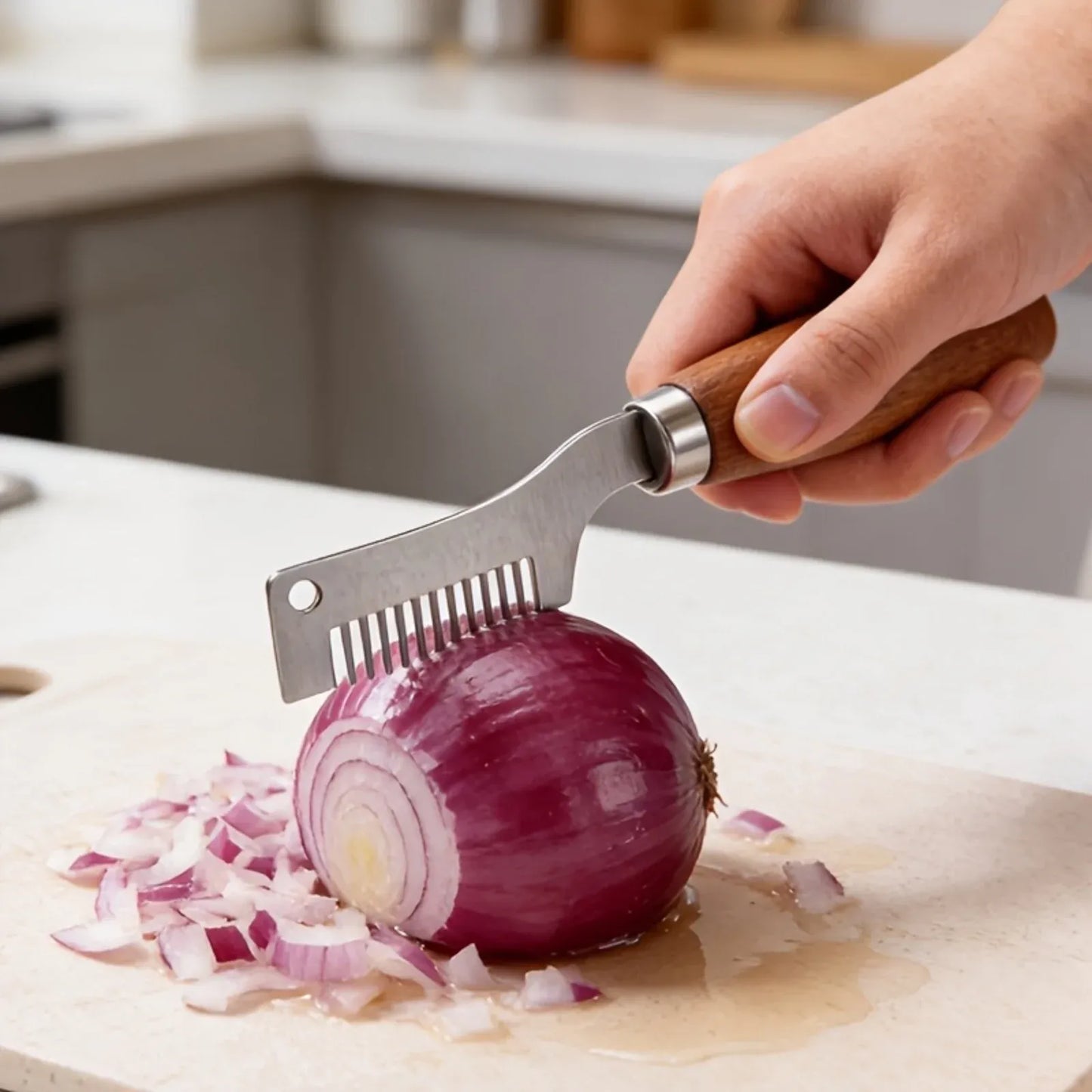 1 Pc Silver Brown Handheld Vegetable Shredder, Stainless Steel Onion Cutter Chopper With Wooden Handle, 8 in Cutting Head