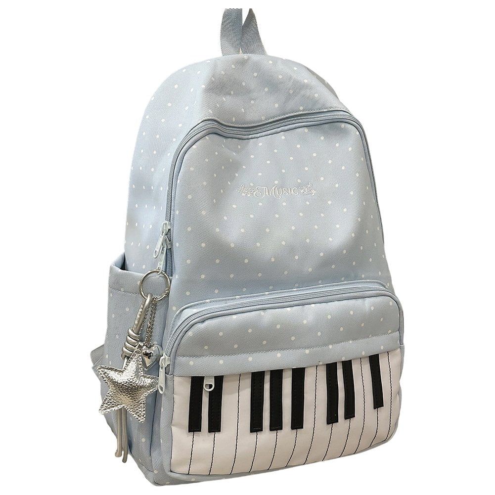 Blue Piano Print Backpack, Large Capacity Polka Dot Casual Travel Daypack