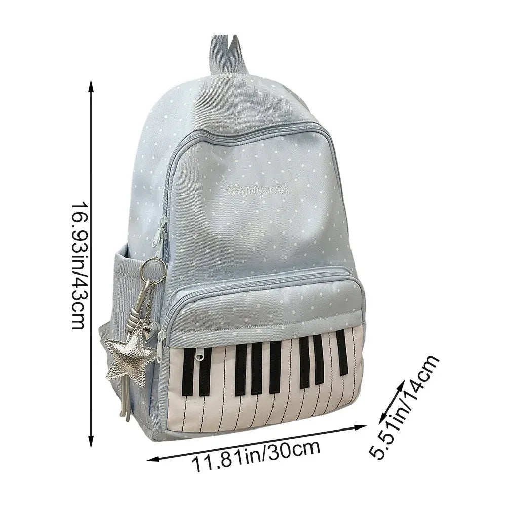 Blue Piano Print Backpack, Large Capacity Polka Dot Casual Travel Daypack