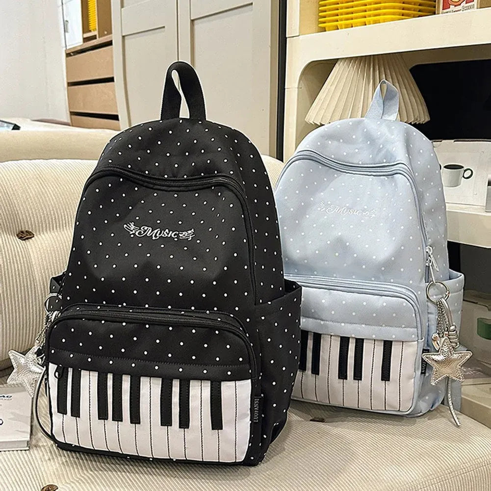 Blue Piano Print Backpack, Large Capacity Polka Dot Casual Travel Daypack