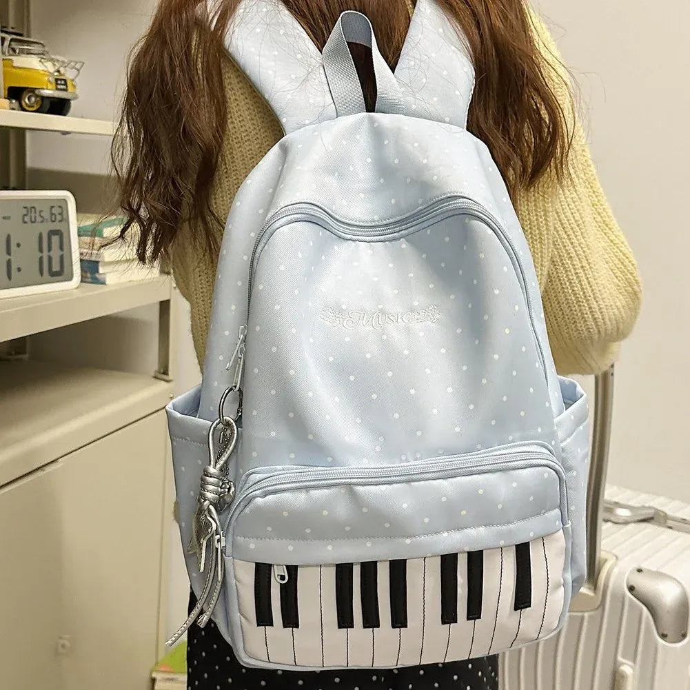 Blue Piano Print Backpack, Large Capacity Polka Dot Casual Travel Daypack