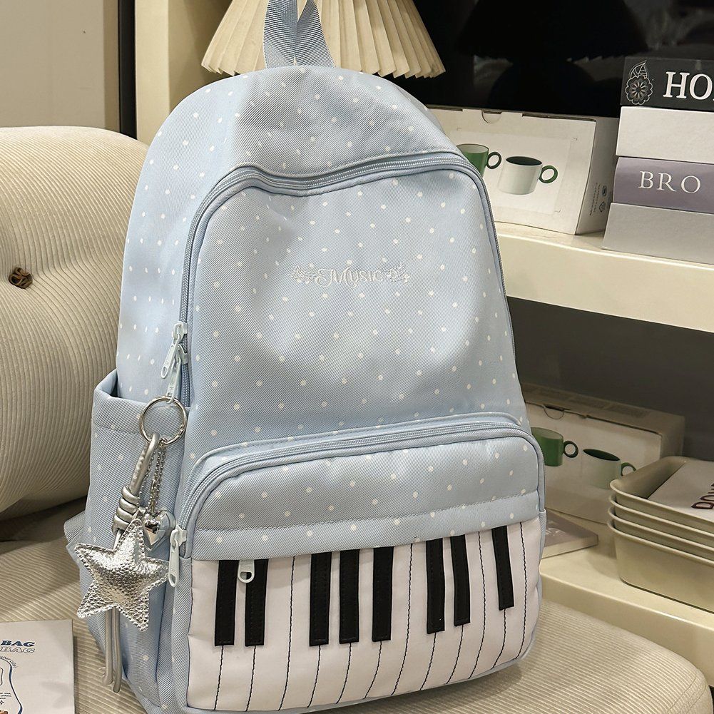 Blue Piano Print Backpack, Large Capacity Polka Dot Casual Travel Daypack