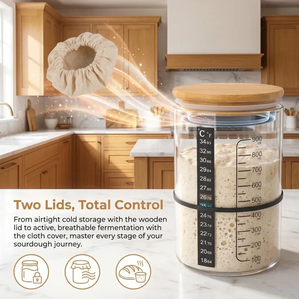 Glass Sourdough Starter Jar Kit With Wooden Lid and Cloth Cover, Bread Baking Supplies