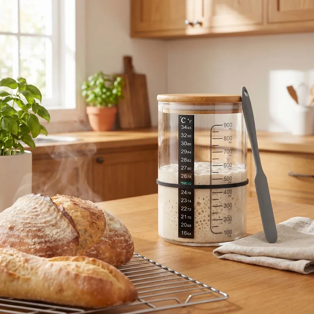 Glass Sourdough Starter Jar Kit With Wooden Lid and Cloth Cover, Bread Baking Supplies