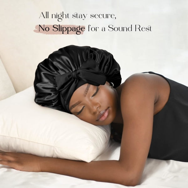 Satin Cap Silk Cap For Sleeping Double Layer Satin Lined Hair Cap With Ribbon Bonnet For Women Naturally Curly Hair Black black