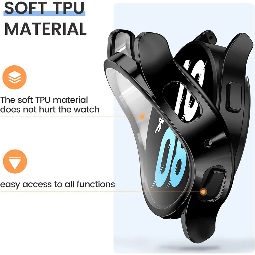 Compatible with Samsung Galaxy Watch 4 5 6 40 mm 44 mm Case Protection Silicone TPU Bumper Screen Protector Black Galaxy Watch6 44mm