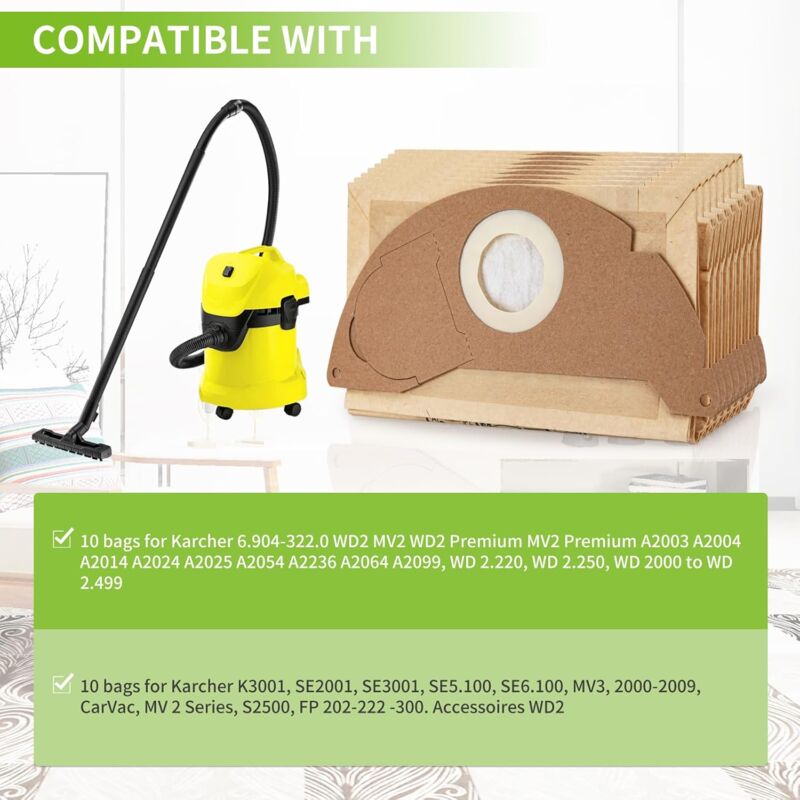 10 Replacement Filter Bags for Kärcher WD2 MV2 6.904-322.0 WD2250 A2004 A2054 Vacuum Cleaner