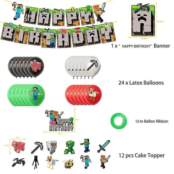 Minecraft Theme Happy Birthday Set Decoration Accessories Banner Pull Flag Cake Decorations Kit null none