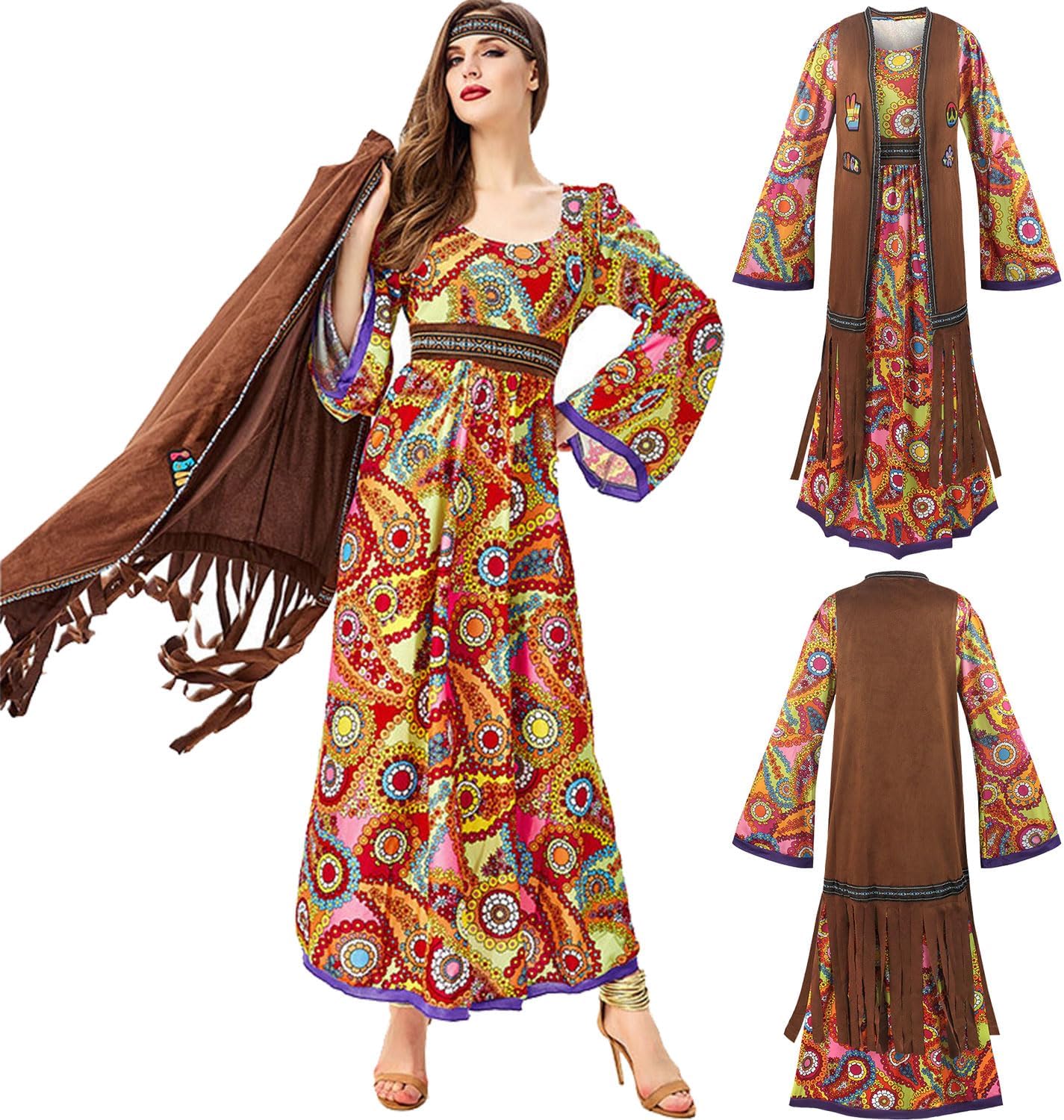 60s costume women, hippie women's dress set, 70s disco halloween outfits, hippie clothing women's costume, 60s clothing accessories M