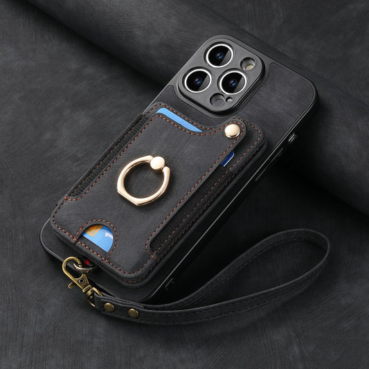 Mobile Phone Leather Case Compatible with iPhone RFID Anti-Theft Swipe Loop Buckle Rope Multifunctional Card Holder Black [With Leather Strap] Black [With Leather Lanyard]] iPhone 15 Pro Max
