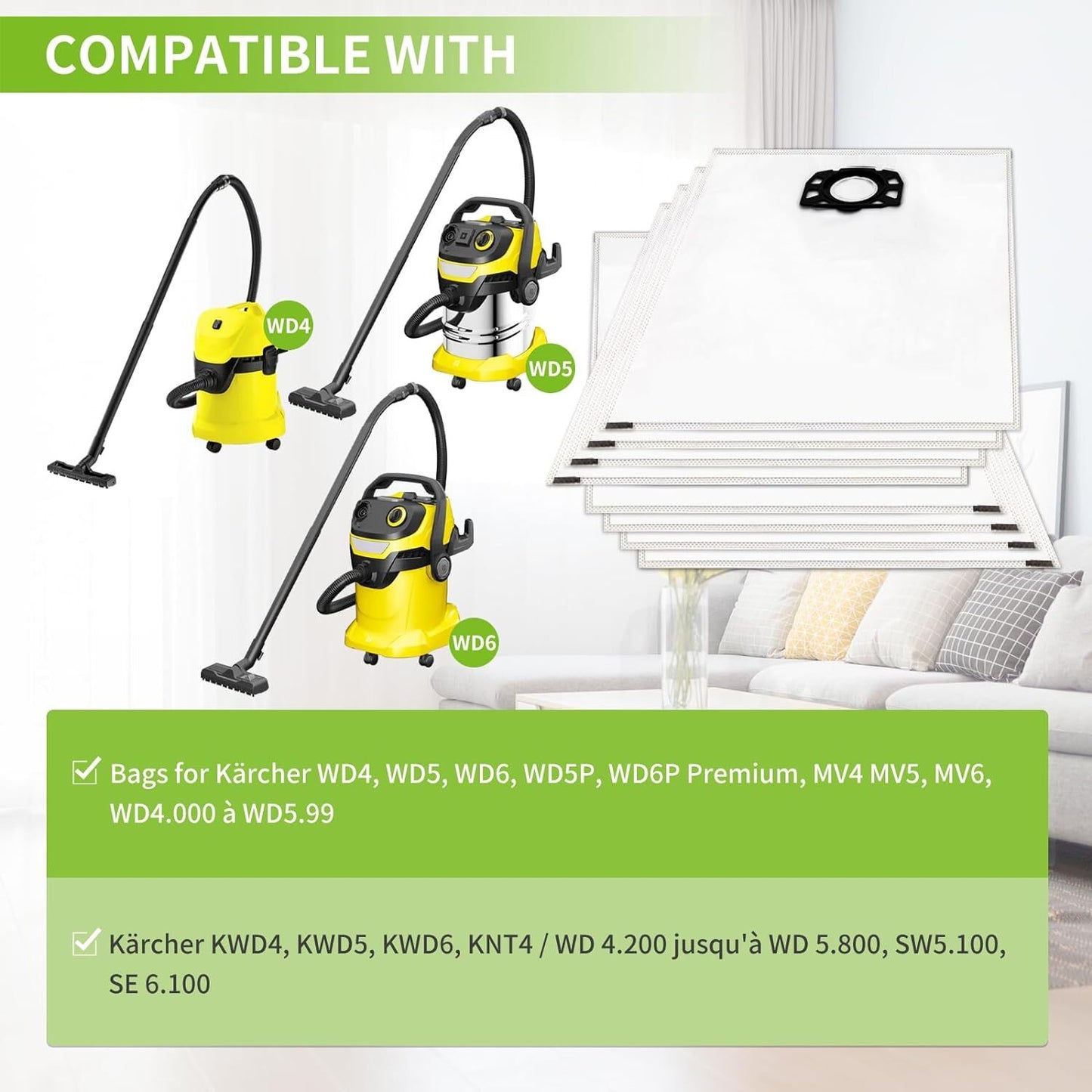 10 pcs vacuum cleaner bags compatible with Kärcher vacuum cleaners wd4 wd5 wd6 mv4 mv5 mv6