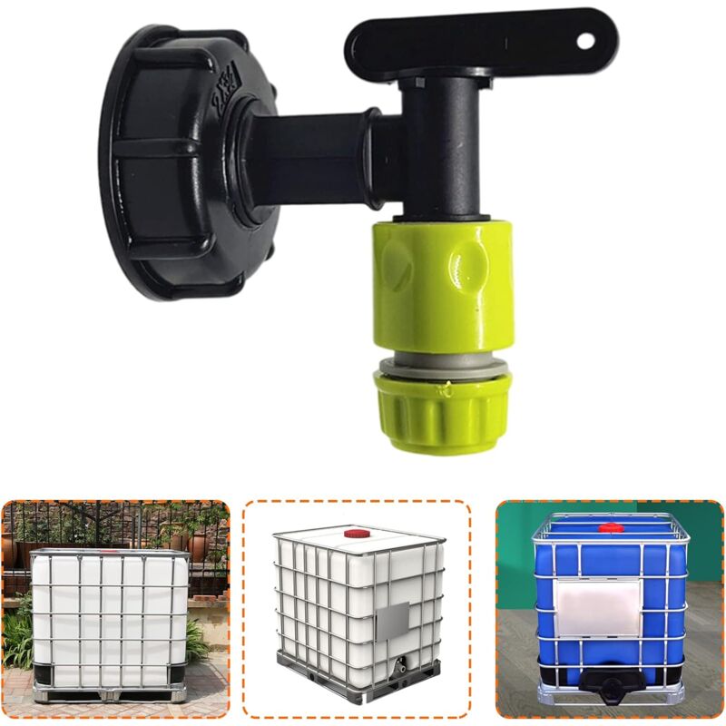1000L Plastic Tank Faucet with Garden Hose Connector, IBC Tank Faucet Adapter, 3/4 Inch Thread Connection for Rainwater Collector, Fuel Tank