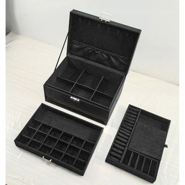 Black Jewelry Box with Key Lock and Multiple Compartments Black—yux