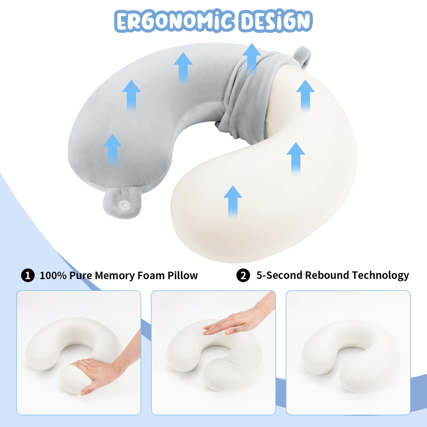 Travel Pillow Neck Pillow Memory Foam Travel Pillows Head Support Pillow for Airplane Train Car Office Travel Essential Flight Pillow (Gray) Gray