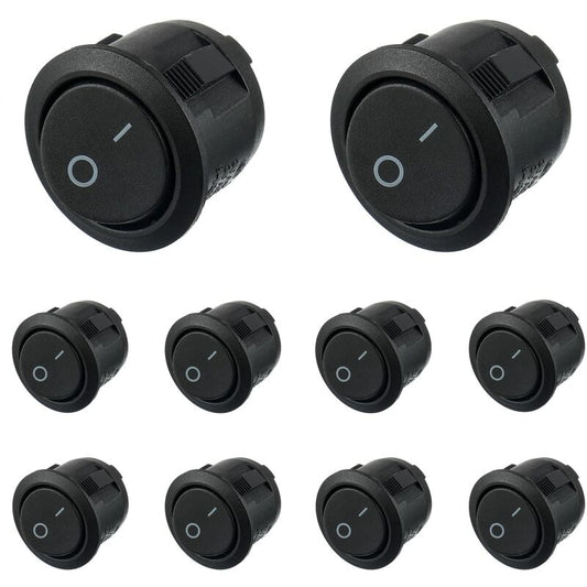 10pcs Black Round Rocker Switches On/Off 2 Pin AC 6A(250V) 10A(125V) SPST Push Button Switch for Car Boat Marine Car Truck Light Household