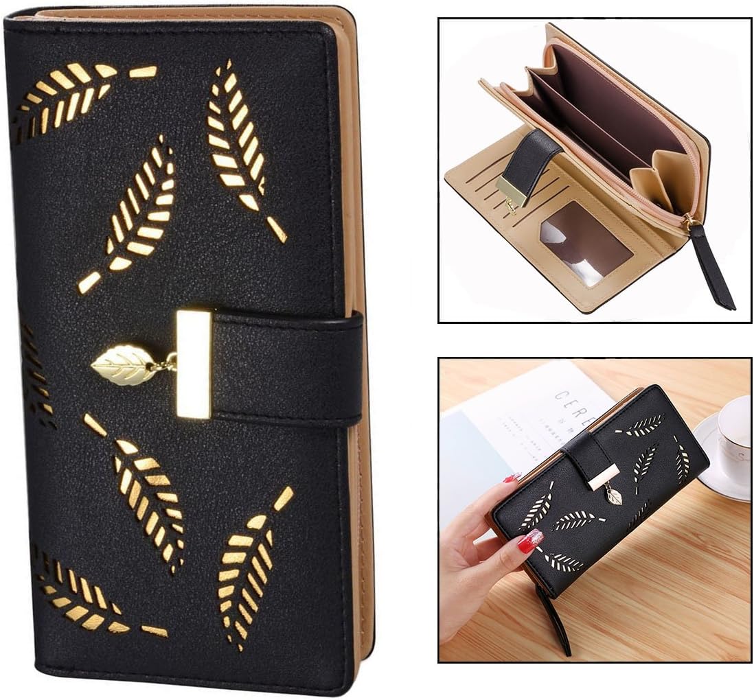 Women's Large Capacity Long Wallet, Hollow Leaf Wallet, Black