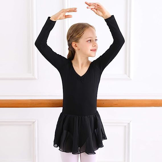 Ballet dress for girls with long sleeves and tulle skirt in black Black_jarx Black 130 cm