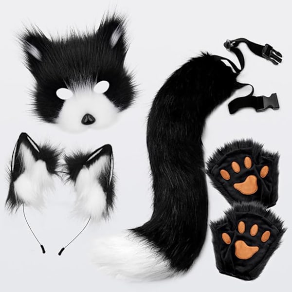 Plush mask with fox tail and ears set, cat tail fox costume cosplay costume with cat ears and paw gloves halloween cosplay green High quality () green