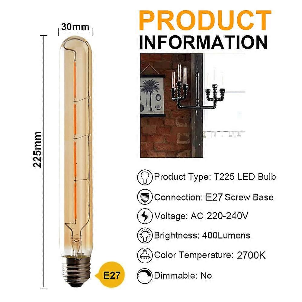 5-pack T225 Long Tube Bulbs, LED Edison Filament, 6W E27 Socket Warm White, Yellow Glass for Decorative Light Bulb, AC 220-240V—yux