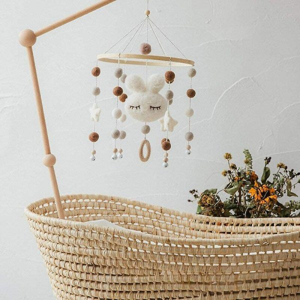 Baby with Felt Ball Hanging Nursery Rabbit Wind Chime Crib Mobile (White)