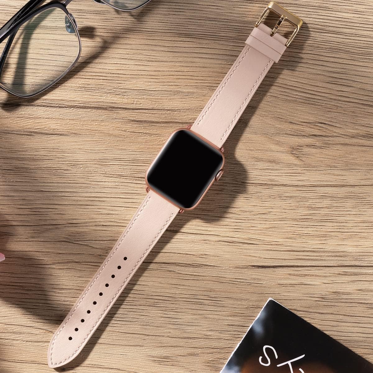 Apple Watch Leather Band, Genuine Leather Replacement Band for Apple Watch Series 9 8 7 6 5 4 3 2 1 & iWatch SE, Ultra (38mm 40mm 41mm, Rose Gold) Pink