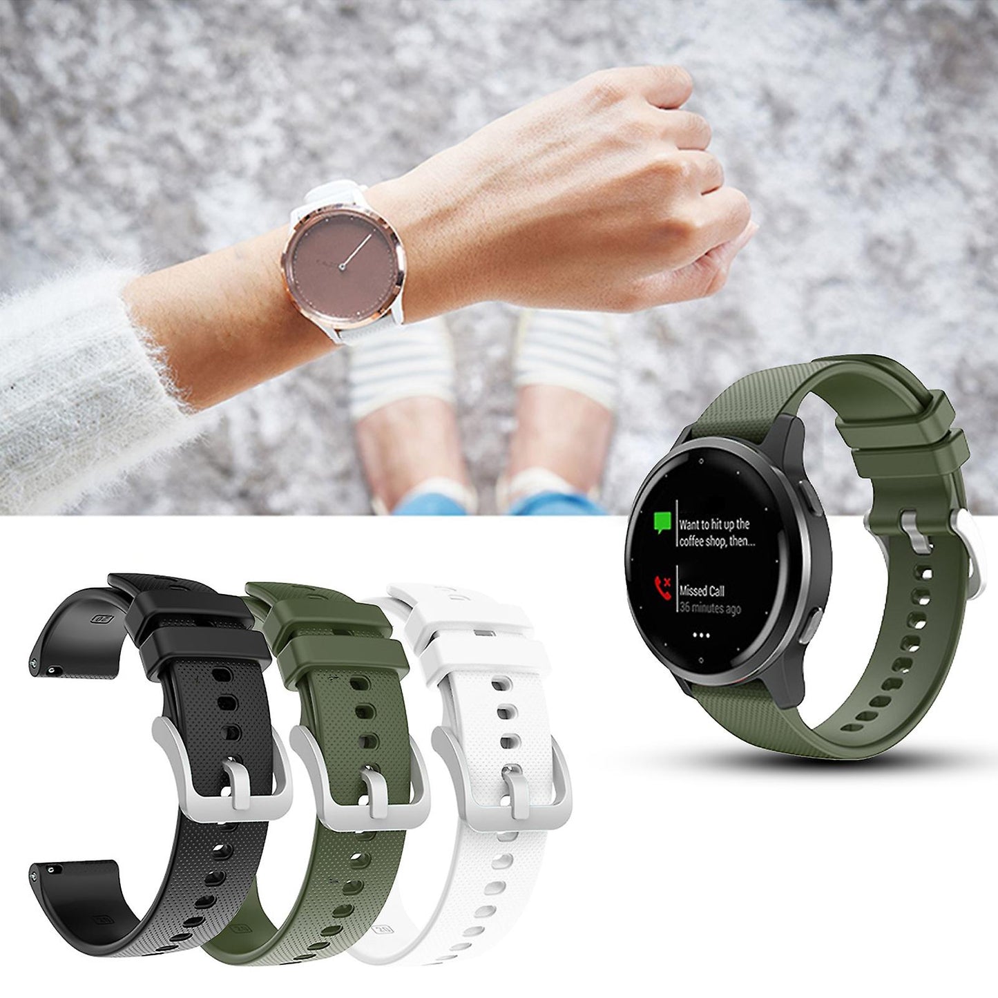 Watch Band 20mm/22mm Checkered Soft Silicone Strap Replacement for Compatible with Garmin Venu SQ/Venu/Vivoactive 3 4/Forerunner 245 Army Green Army Green 20 mm