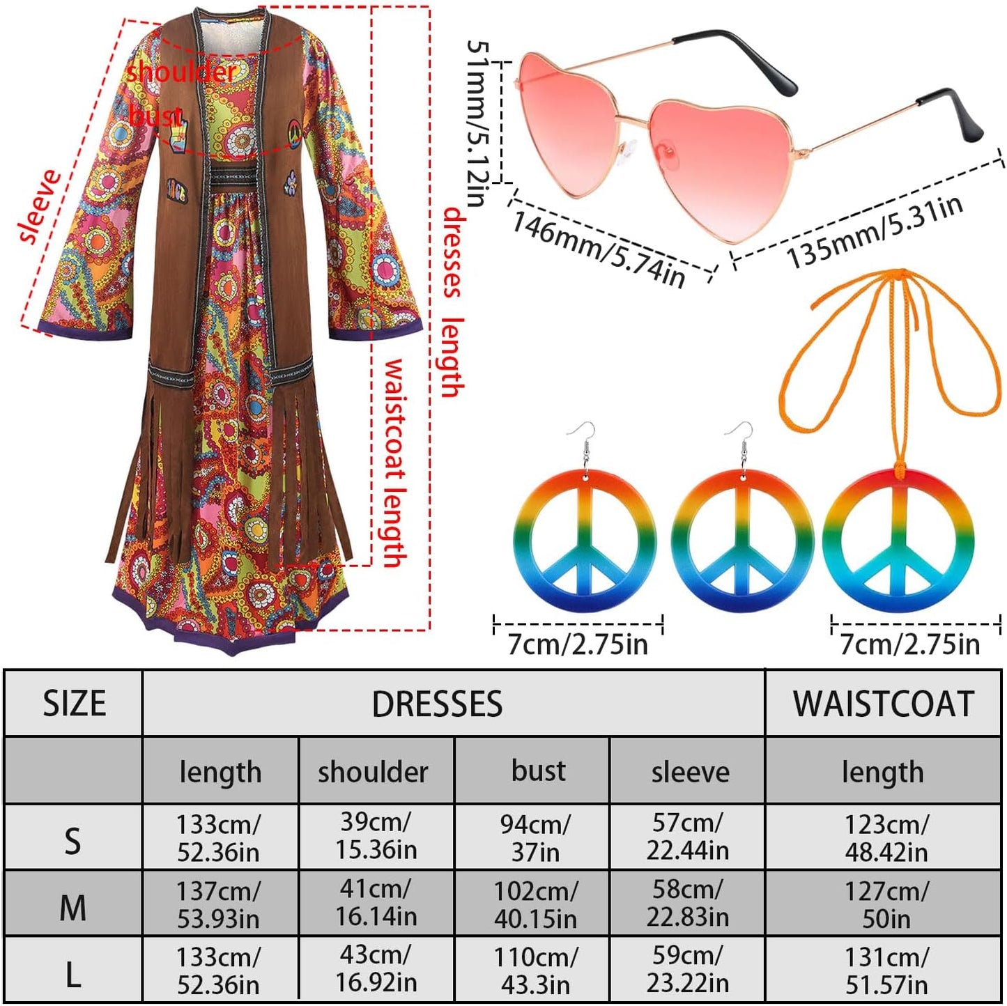 60s costume women, hippie women's dress set, 70s disco halloween outfits, hippie clothing women's costume, 60s clothing accessories M